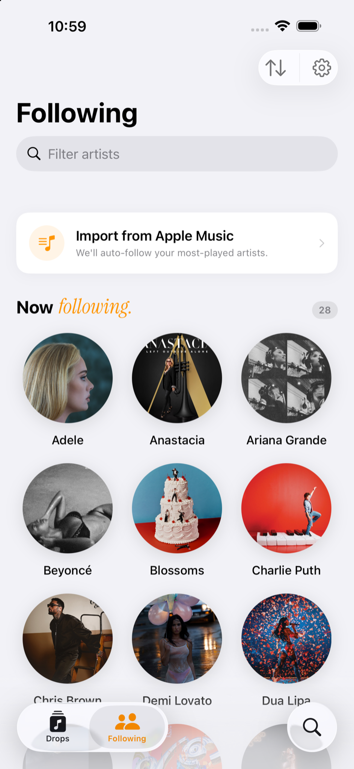 MusicDrops Following screen, showing followed artists