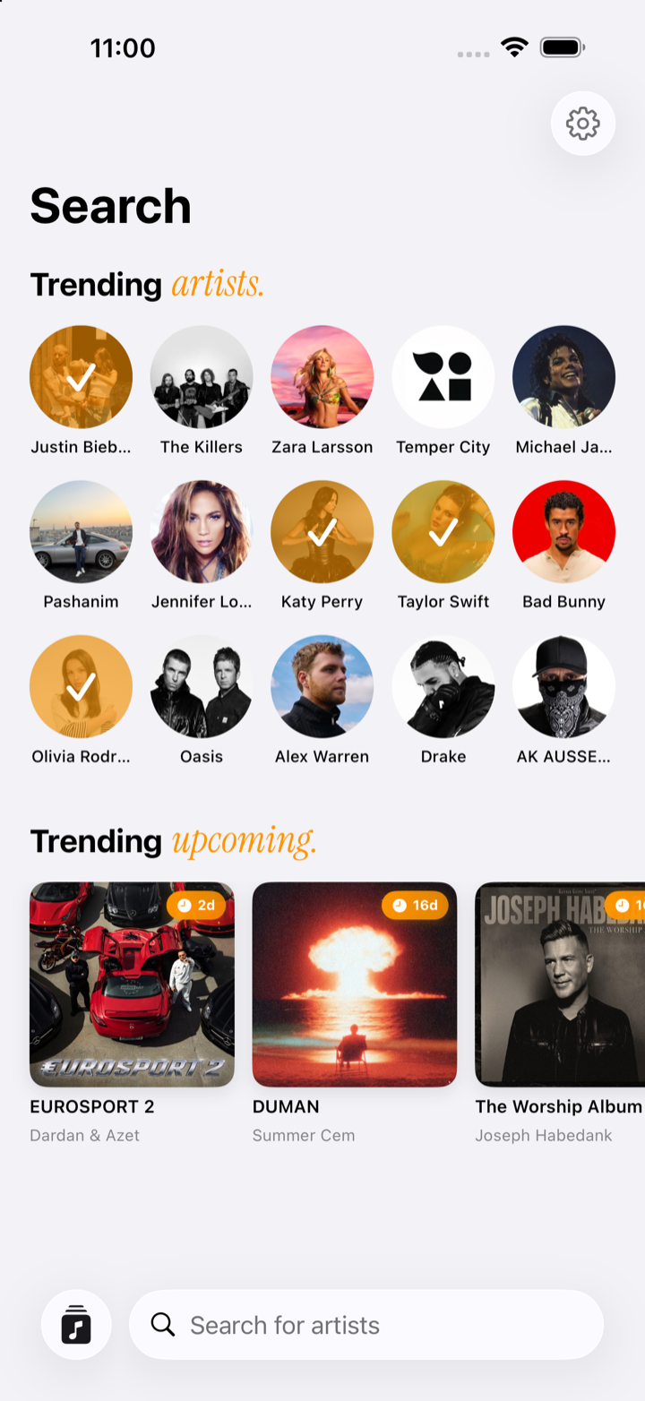 MusicDrops Search screen, showing trending artists