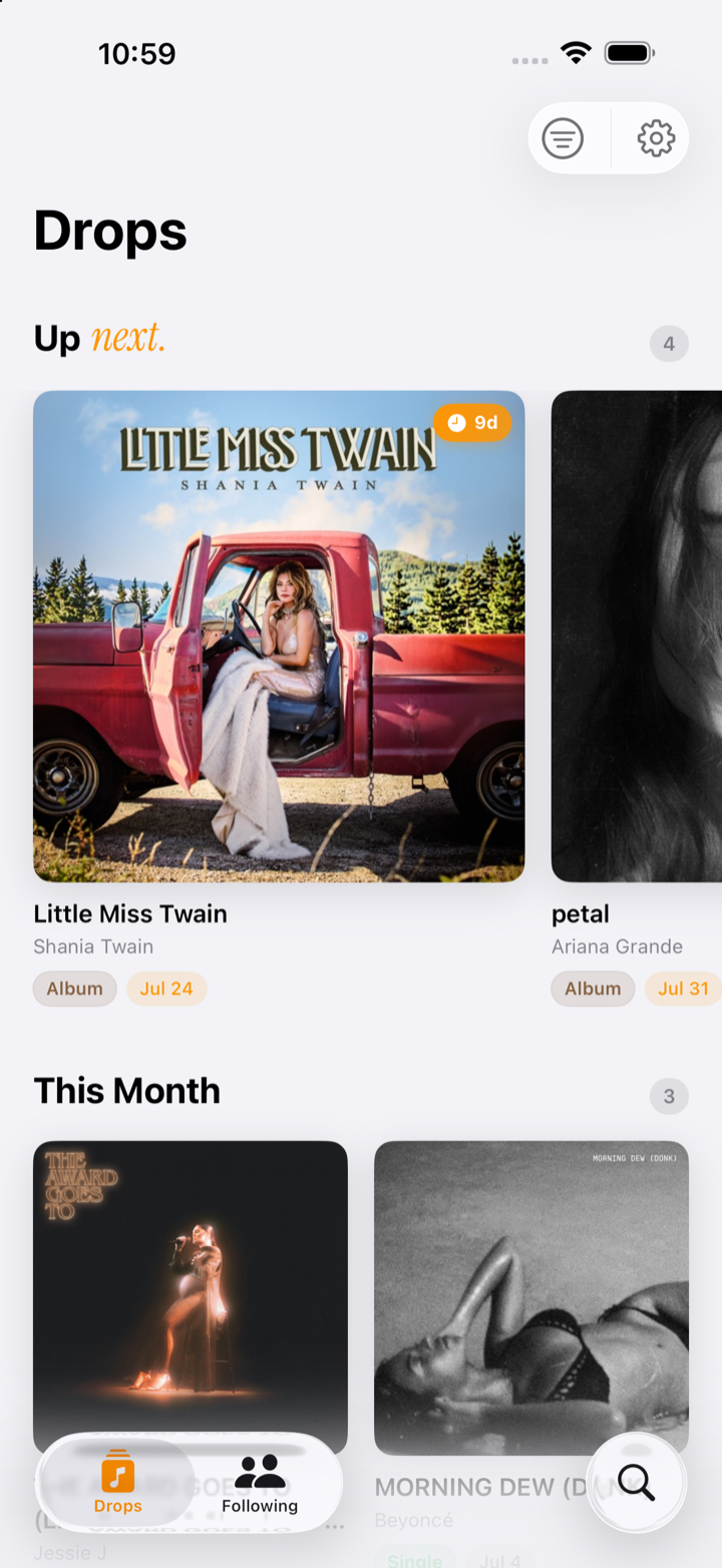 MusicDrops Drops timeline, showing upcoming and recent releases