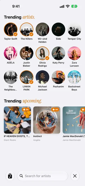 Search on iPhone with trending artists and upcoming releases